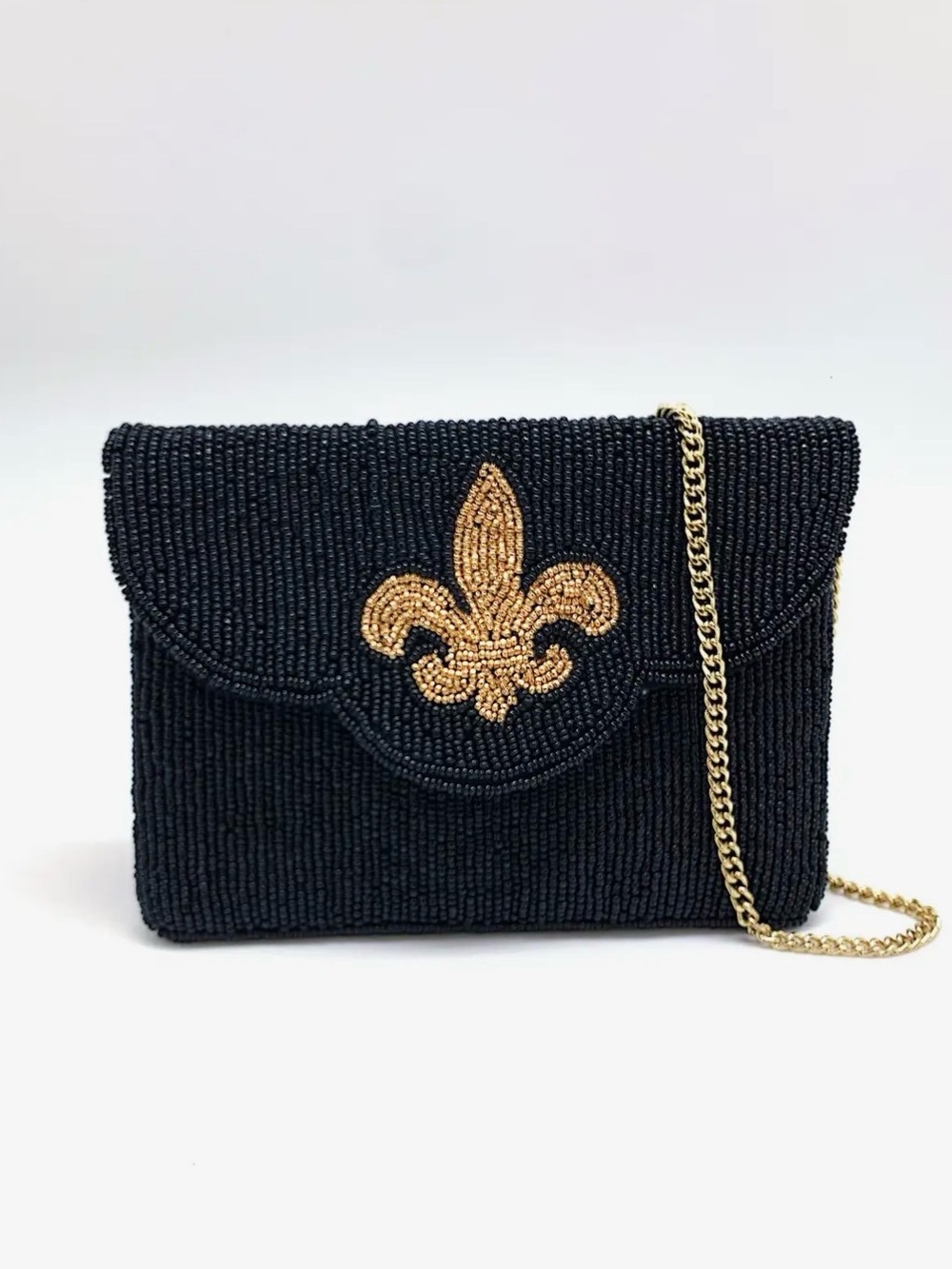 Black Beaded Crossbody Clutch with Gold Fleur-de-Lis Accent